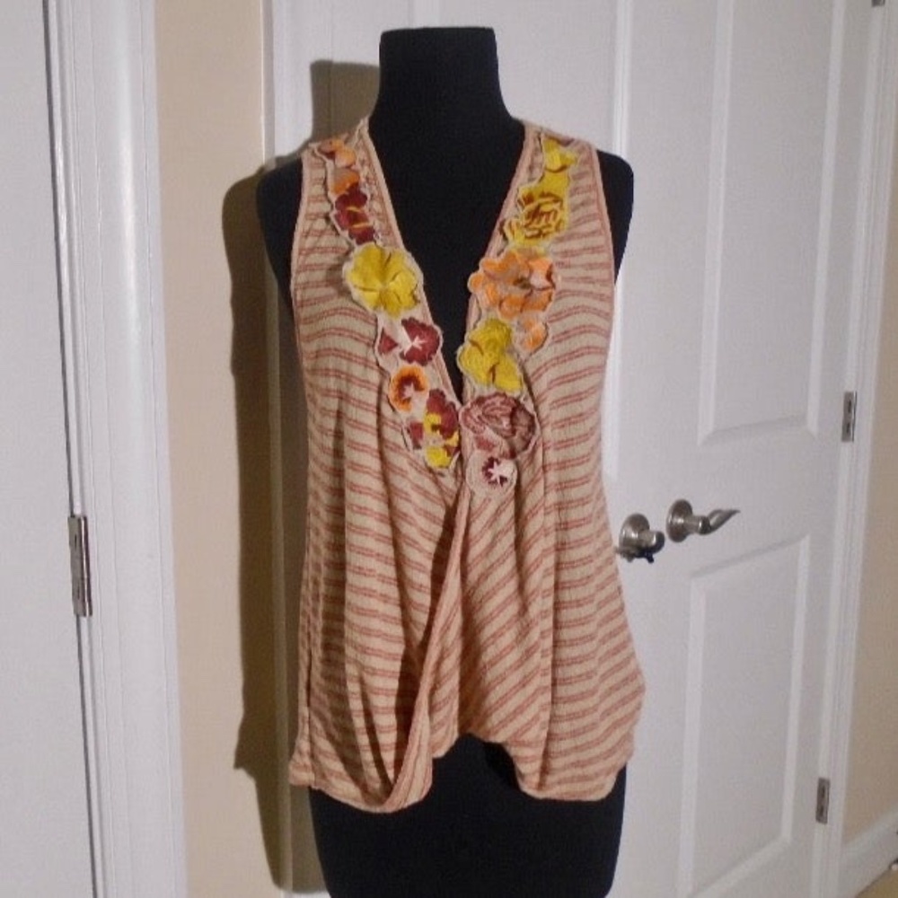 FREE PEOPLE Striped Racerback Flower Appliqué 'Frieda' Tank